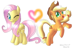 Size: 900x604 | Tagged: safe, artist:inlinverst, applejack, fluttershy, g4, female, heart, lesbian, ship:appleshy, shipping