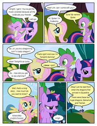 Size: 612x792 | Tagged: safe, artist:newbiespud, edit, edited screencap, screencap, fluttershy, spike, twilight sparkle, dragon, pegasus, pony, unicorn, comic:friendship is dragons, friendship is magic, g4, comic, dragons riding ponies, female, glowing horn, horn, magic, male, mare, open mouth, riding, screencap comic, spike riding twilight, spread wings, telekinesis, tree, unicorn twilight, wings