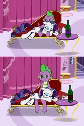 Size: 1158x1749 | Tagged: dead source, safe, artist:pia-sama, artist:voodoogecko, rarity, spike, dragon, pony, unicorn, g4, comic, drinking alone except with two, female, friendzone, implied shipping, implied sparity, implied straight, male, mare, older, older spike, sad, ship:sparity, shipping, straight, teenage spike, teenaged dragon, teenager, wine
