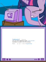 Size: 560x762 | Tagged: safe, twilight sparkle, g4, australia, exploitable meme, facehoof, i hate this damn planet, tv meme, united states, youtube, youtube comments