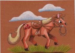 Size: 1794x1275 | Tagged: safe, artist:lady-kl, applejack, g4, bridle, reins, saddle, traditional art