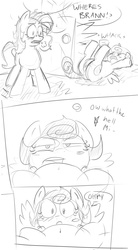 Size: 664x1200 | Tagged: safe, artist:strangerdanger, oc, oc only, oc:cookie dough, oc:cookie dough (trottingham), oc:milky way, pony, ask cookie and brann, ask, comic, female, mare, monochrome, sketch, tumblr