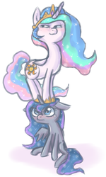 Size: 696x1160 | Tagged: safe, artist:tanyamya, princess celestia, princess luna, alicorn, pony, g4, female, simple background, smug, white background