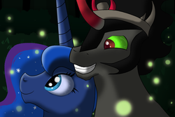 Size: 1500x1000 | Tagged: safe, artist:angelstar7, artist:tanyamya, king sombra, princess luna, alicorn, firefly (insect), insect, pony, unicorn, g4, female, male, ship:lumbra, shipping, straight