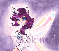 Size: 1228x1062 | Tagged: safe, artist:yokokins, artist:youkai-yoko, rarity, human, g4, eared humanization, female, glimmer wings, horn, horned humanization, humanized, solo