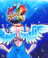 Size: 500x604 | Tagged: safe, artist:yokokins, artist:youkai-yoko, rainbow dash, human, g4, eared humanization, female, humanized, solo, traditional art, winged humanization