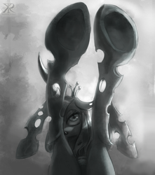 Size: 750x850 | Tagged: safe, artist:grissaecrim, queen chrysalis, g4, clothes, fetish, hoof fetish, hooves, legs, monochrome, shorts, underhoof