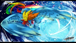 Size: 1488x842 | Tagged: safe, artist:otakurarii, rainbow dash, g4, action pose, flying, water