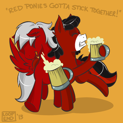 Size: 1000x1000 | Tagged: safe, artist:pijinpyon, oc, oc only, oc:florid, oc:spades, earth pony, pegasus, pony, cider, drunk, red and black oc