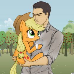 Size: 1500x1500 | Tagged: safe, artist:rammbrony, artist:tex edits, edit, applejack, oc, oc:tex, human, pony, g4, color, colored, holding, holding a pony, human on pony snuggling, injured, snuggling