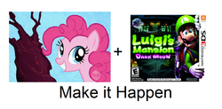 Size: 1310x646 | Tagged: safe, pinkie pie, boo (mario), g4, 3ds, e rating, esrb, exploitable meme, laughter song, luigi, luigi's mansion, luigi's mansion: dark moon, make it happen, male, nintendo, poltergust 5000, super mario