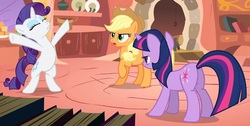 Size: 1280x647 | Tagged: safe, screencap, applejack, rarity, twilight sparkle, pony, g4, look before you sleep, angry, bipedal, butt, female, golden oaks library, lidded eyes, mare, out of context, plot, standing