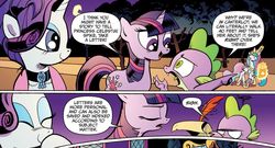 Size: 1065x576 | Tagged: safe, idw, official comic, princess celestia, rarity, spike, twilight sparkle, alicorn, dragon, pony, unicorn, g4, micro-series #3, my little pony micro-series, spoiler:comic, annoyed, choker, comic, eyes closed, female, frown, giggling, lampshade hanging, letter, levitation, magic, male, mare, necklace, smiling, superdickery, telekinesis, trollight sparkle, trolling, unamused, writing