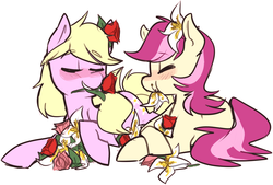 Size: 1246x840 | Tagged: safe, artist:ghost, lily, lily valley, roseluck, earth pony, pony, g4, blushing, eating, flower, herbivore, horses doing horse things, simple background, white background