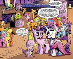 Size: 1063x858 | Tagged: safe, artist:andy price, artist:angieness, idw, official comic, applejack, berrypuff, berrysweet, boysenberry tart, cinnamon amber, cornflower sunrise, firebreak, flax seed, fluttershy, glacier breeze, glitter flight, observer (g4), pinkie pie, rarity, rosy crossroads, rosy dawn, skypainter, spike, summersprout, tempeh, tofu, treetop zoom, twilight sparkle, wax light, wheat grass, oc, oc:heather breckel, dragon, earth pony, pegasus, pony, unicorn, g4, micro-series #3, my little pony micro-series, spoiler:comic, applejack's hat, background pony, canterlot, clean, clothes, comic, cowboy hat, dress, eyes closed, female, flax seed looks at stuff, flying, fringe, hat, horseshoe theater, jealous, male, mare, moon, mouth hold, mud mask, night, shoes, shopping bag, stallion, unicorn twilight