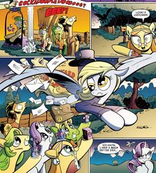 Size: 602x667 | Tagged: safe, artist:andy price, idw, official comic, derpy hooves, flax seed, rarity, tofu, wheat grass, pegasus, pony, g4, micro-series #3, my little pony micro-series, female, flax seed looks at stuff, floppy ears, flying, frown, grin, gritted teeth, looking back, looking up, mail, mailbag, mailpony, mare, open mouth, rooster, sad, sitting, smiling, smirk, wavy mouth, wide eyes