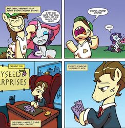 Size: 604x619 | Tagged: safe, artist:katiecandraw, idw, hayseed turnip truck, rarity, earth pony, pony, unicorn, g4, official, spoiler:comicm03, chair, clothes, desk, eyes closed, eyeshadow, female, freckles, gritted teeth, hat, male, mare, rariseed, sad, shipping, shirt, sitting, smiling, stallion, suit