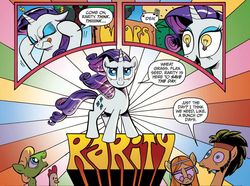 Size: 1037x771 | Tagged: safe, idw, official comic, flax seed, rarity, tofu, wheat grass, g4, spoiler:comic, spoiler:comicm03, flax seed looks at stuff