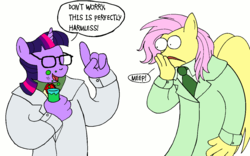 Size: 1280x800 | Tagged: safe, artist:iamallyballybee, fluttershy, twilight sparkle, g4, beaker (muppet), clothes, dr bunsen honeydew, duo, glasses, lab coat, no eyes, test tube, the muppets
