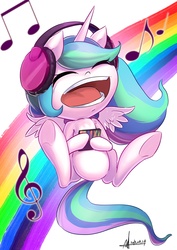 Size: 2760x3888 | Tagged: dead source, safe, artist:jggjqm522, princess celestia, alicorn, pony, g4, clef, cute, cutelestia, daaaaaaaaaaaw, diabetes, female, filly, happy, headphones, hnnng, music notes, rainbow, solo