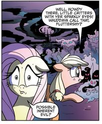 Size: 463x564 | Tagged: safe, idw, official comic, applejack, fluttershy, nightmare forces, g4, spoiler:comic, spoiler:comic06, nightmare creature, nightmare rarity (arc), unnamed character, unnamed nightmare forces