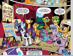 Size: 1096x842 | Tagged: safe, artist:andy price, idw, official comic, flax seed, may flowers, rarity, sleepy skies, tempeh, tofu, wheat grass, venus flytrap, g4, micro-series #3, my little pony micro-series, flax seed looks at stuff, glasses, johnny fever, ponified, round glasses, this is reality, wkrp in cincinnati