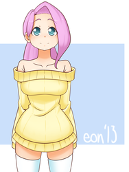 Size: 600x800 | Tagged: safe, artist:eonhite, fluttershy, human, g4, breasts, busty fluttershy, clothes, cute, female, humanized, shyabetes, solo, sweater, sweatershy