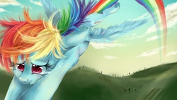 Size: 1920x1080 | Tagged: safe, artist:chocori, rainbow dash, pegasus, pony, g4, crying, female, flying, messy mane, rainbow, rainbow trail, solo