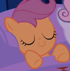 Size: 304x309 | Tagged: dead source, safe, screencap, scootaloo, sweetie belle, pegasus, pony, unicorn, g4, stare master, bed, blanket, cropped, cute, cutealoo, eyes closed, female, filly, foal, pillow, sleeping, smiling, solo focus