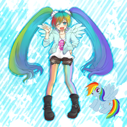 Size: 600x600 | Tagged: safe, artist:chimaki, rainbow dash, human, g4, humanized, pigtails, pixiv