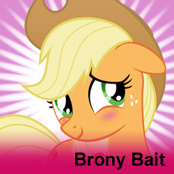 Size: 250x250 | Tagged: safe, applejack, g4, blushing, bronybait, meta, spoilered image joke