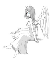 Size: 1024x1149 | Tagged: safe, artist:ya0427, angel bunny, fluttershy, g4, barefoot, clothes, colored eyes, dress, duo, eared humanization, feet, flower, humanized, monochrome, partial color, simple background, sitting, skinny, thin, white background, winged humanization