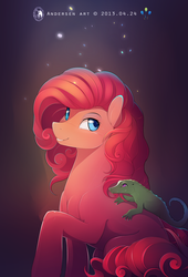 Size: 2100x3082 | Tagged: dead source, safe, artist:antiander, part of a set, gummy, pinkie pie, alligator, earth pony, pony, g4, beautiful, blue eyes, cutie mark, duo, female, high res, looking at you, mare, raised hoof, smiling, smiling at you