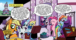 Size: 1072x563 | Tagged: safe, artist:andy price, artist:katie cook, idw, official comic, applejack, fluttershy, hayseed turnip truck, pinkie pie, rainbow dash, rarity, twilight sparkle, earth pony, pegasus, pony, unicorn, g4, micro-series #3, my little pony micro-series, official, spoiler:comic, callback, canterlot, chicoltgo, dodge junction, female, freckles, hat, las pegasus, luggage, luggage stickers, mare, mouth hold, suitcase