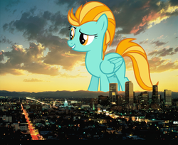Size: 1000x816 | Tagged: safe, lightning dust, pegasus, pony, g4, city, colorado, denver, giant pony, giantess, highrise ponies, macro, ponies in real life, scenery
