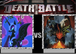 Size: 839x603 | Tagged: safe, edit, edited screencap, screencap, nightmare moon, alicorn, dragon, pony, g4, death battle, dungeons and dragons, ethereal mane, female, forgotten realms, mare, tiamat