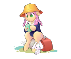 Size: 3000x2500 | Tagged: safe, artist:mrw32, angel bunny, fluttershy, g4, alternate hairstyle, braid, filly, hat, juice box
