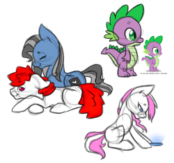 Size: 1280x1205 | Tagged: safe, artist:sinclair2013, spike, oc, oc:candy coats, oc:double cleff, oc:moddy, dragon, earth pony, pony, g4, male, stallion