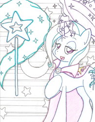 Size: 1024x1310 | Tagged: safe, artist:lunar-foxlynn, trixie, g4, cape, clothes, cutie mark, hat, hoof on chest, side view, solo, trixie's brooch, trixie's cape, trixie's hat