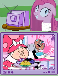 Size: 462x599 | Tagged: safe, pinkie pie, earth pony, human, pony, g4, bondage, comic, cyborg (dc comics), exploitable meme, female, food transformation, male, mare, pie, pinkamena diane pie, straitjacket, teen titans go, tv meme