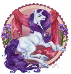 Size: 1571x1639 | Tagged: safe, artist:cigarscigarettes, part of a set, rarity, horse, pony, unicorn, g4, butt, female, flower, hoers, hooves, lidded eyes, mare, plot, realistic, simple background, smiling, smirk, solo, transparent background, unshorn fetlocks