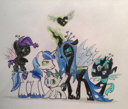 Size: 2284x1936 | Tagged: safe, artist:mrhaliboot, queen chrysalis, shining armor, changeling, hybrid, g4, bad end, heart, interspecies offspring, magic, mind control, offspring, parent:queen chrysalis, parent:shining armor, parents:shining chrysalis, simple background, the bad guy wins, traditional art, white background