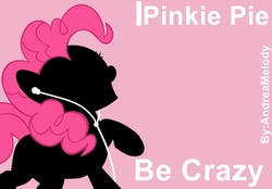 Size: 530x369 | Tagged: safe, artist:andreamelody, pinkie pie, pony, g4, earbuds, female, ipod, parody, pink background, simple background, solo, text
