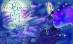 Size: 709x435 | Tagged: safe, artist:northernaura, princess luna, oc, oc:snowdrop, g4, immortality blues, sad