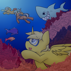 Size: 1024x1024 | Tagged: safe, artist:nasubutt, oc, oc only, oc:color boom, oc:star sparkler, oc:ticket, alicorn, fish, pony, shark, alicorn oc, coral reef, free diving, ticketsparkler, underwater