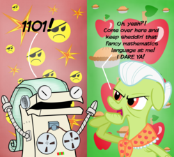 Size: 2288x2058 | Tagged: safe, artist:cartuneslover16, granny smith, earth pony, pony, g4, audio tape, audio tape saggy tits, crossover, dialogue, female, mare, neckerchief, open mouth, robot and monster