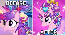 Size: 728x389 | Tagged: safe, edit, edited screencap, screencap, princess cadance, alicorn, pony, g4, alternate hairstyle, before and after, comparison, female, jewelry, mare, messy mane, smiling, solo, spread wings, wings