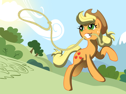 Size: 5399x4034 | Tagged: safe, artist:grinning-alex, artist:kp-shadowsquirrel, applejack, earth pony, pony, g4, absurd resolution, female, lasso, mouth hold, running, solo