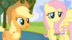 Size: 576x324 | Tagged: safe, screencap, applejack, fluttershy, pony, g4, keep calm and flutter on, all new, animated, cute, duckface, female, hub logo, it's not worth it, pouting, reaction image, text