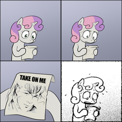 Size: 1000x1000 | Tagged: safe, sweetie belle, g4, a-ha, exploitable meme, meme, sweetie's note meme, take on me